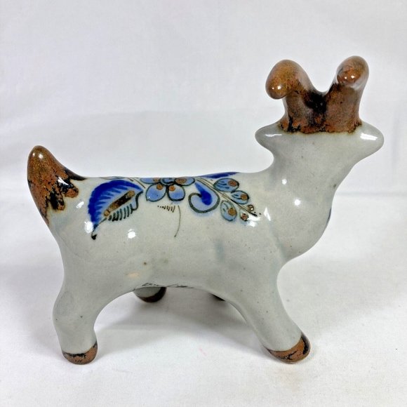 Tonal El Palomar Mexico Pottery Horned Billy Goat Figurine Floral Blue Butterfly - Picture 3 of 14